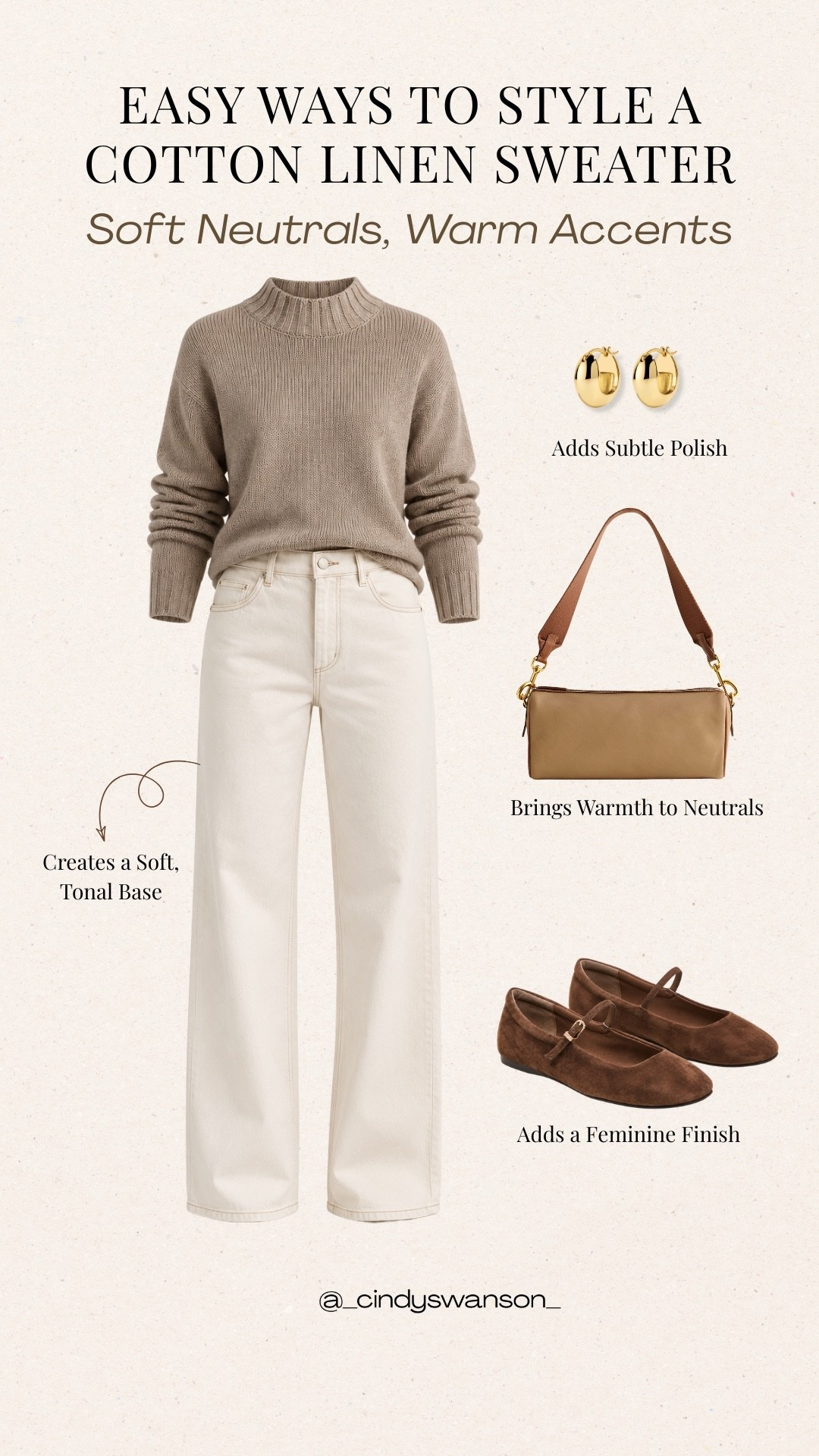A soft neutral outfit built around a cotton-linen mockneck sweater and ivory wide-leg jeans. I love how the warm taupe accessories add just enough contrast while keeping the overall look simple, polished, and easy to wear.

#LTKootd #LTKgrwm #LTKOver40