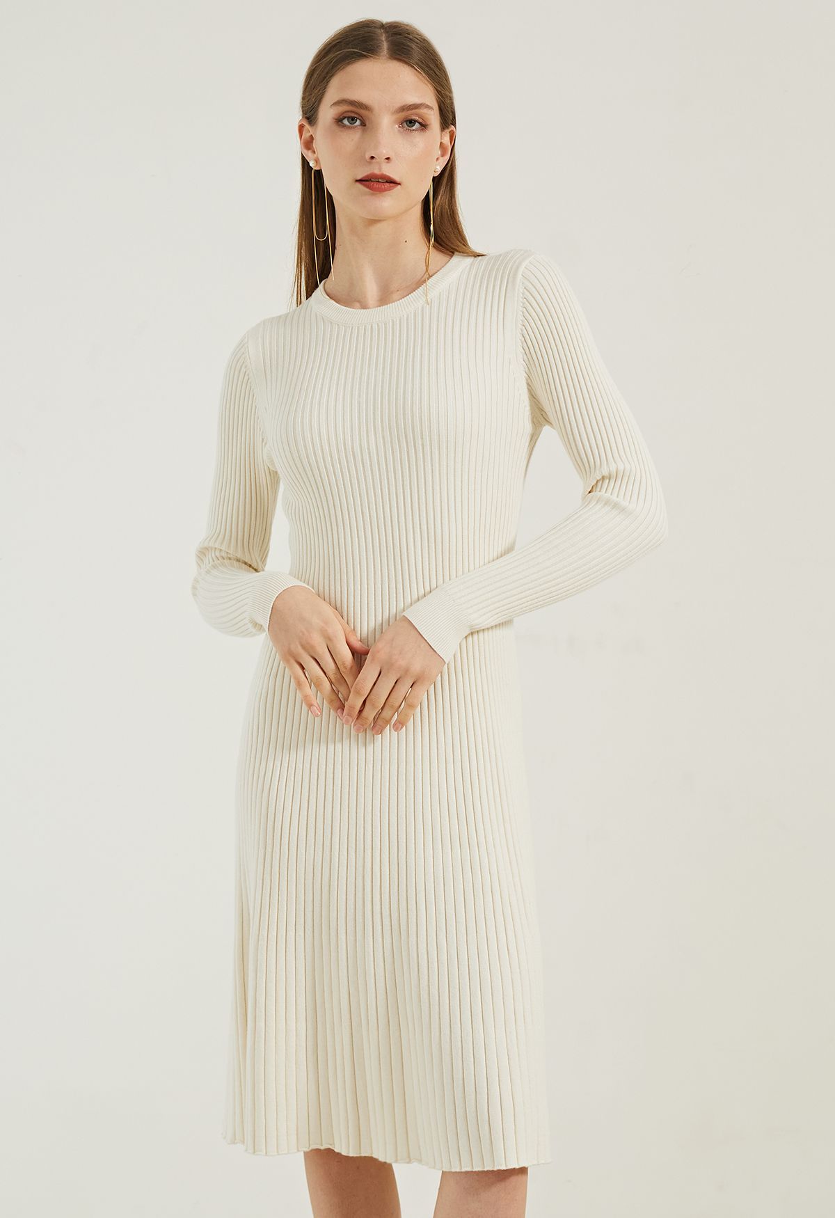 Ribbed Texture Frilling Midi Dress in Cream | Chicwish