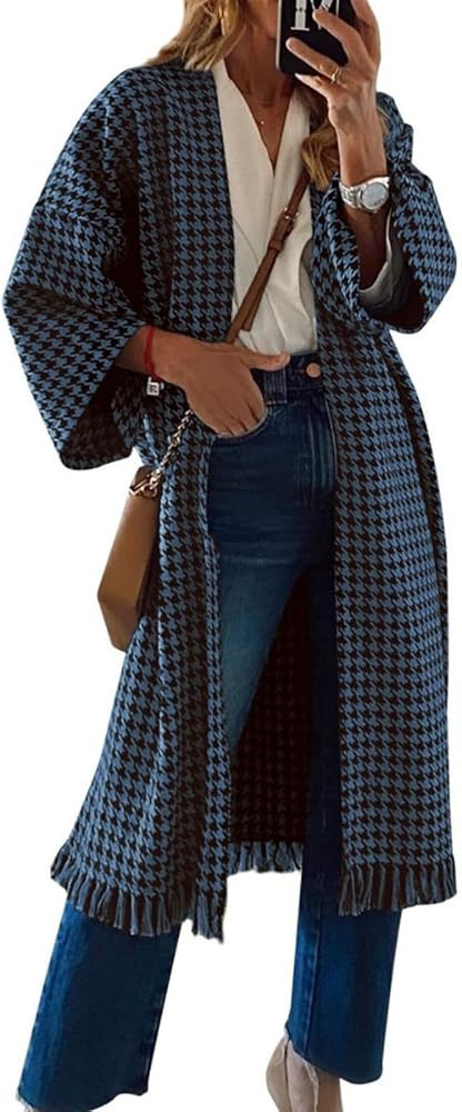 miduo Womens Long Sleeve Open Front Oversized Fit Houndstooth Plaid Long Cardigans Coats JACKETS ... | Amazon (US)