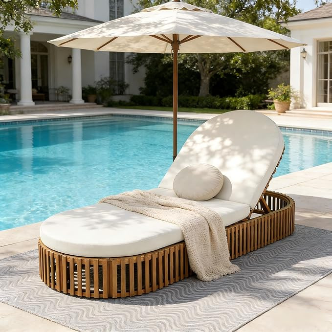 Outdoor Acacia Wood Chaise Lounge with Cream Curve Cushion - Teak Finish, 300lbs Capacity, 80.8" ... | Amazon (US)
