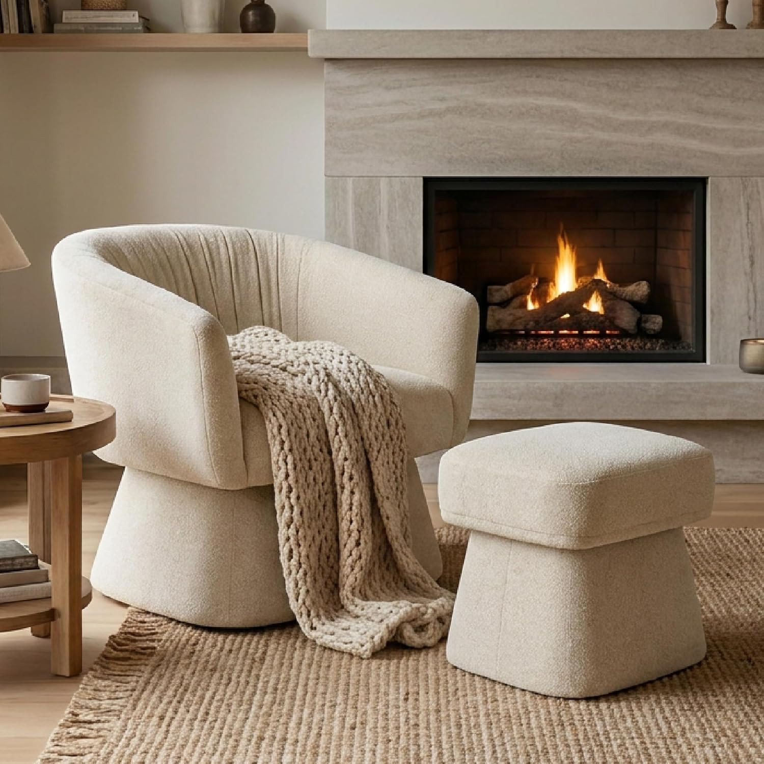 Zerel's Home Swivel Accent Chair with Ottoman, Upholstered Barrel Accent Chair, Modern Accent Chair with Pleated Backrest and Arms, Boucle Armchair for Living Room Bedroom, Sand | Amazon (US)
