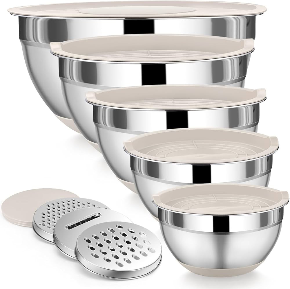 P&P CHEF Khaki Mixing Bowl with Lid Set, 5 Piece Stainless Steel Mixing Nesting Bowls for Salad S... | Amazon (US)
