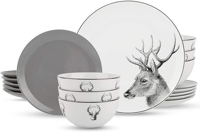 Ceramic Plates and Bowls Sets for 6, 18 Piece Rustic Deer Dinnerware Sets, Porcelain Dishes Set, ... | Amazon (US)