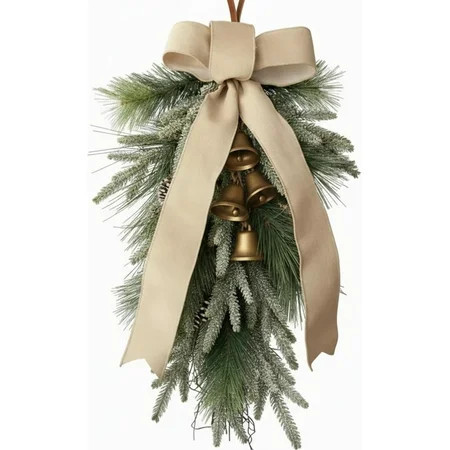 28'' Christmas Teardrop Swag with Velvet Bow Cowbells Garland Rustic Teardrop Pine Bell Wreath for Front Door Door Swag Artificial Norfolk Pine Needle for Christmas Mantle Outdoor Decorations | Walmart (US)