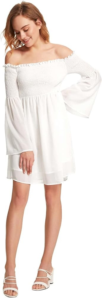 Romwe Women's Casual Floral Print Off Shoulder Trumpet Sleeve Swing Dress | Amazon (US)