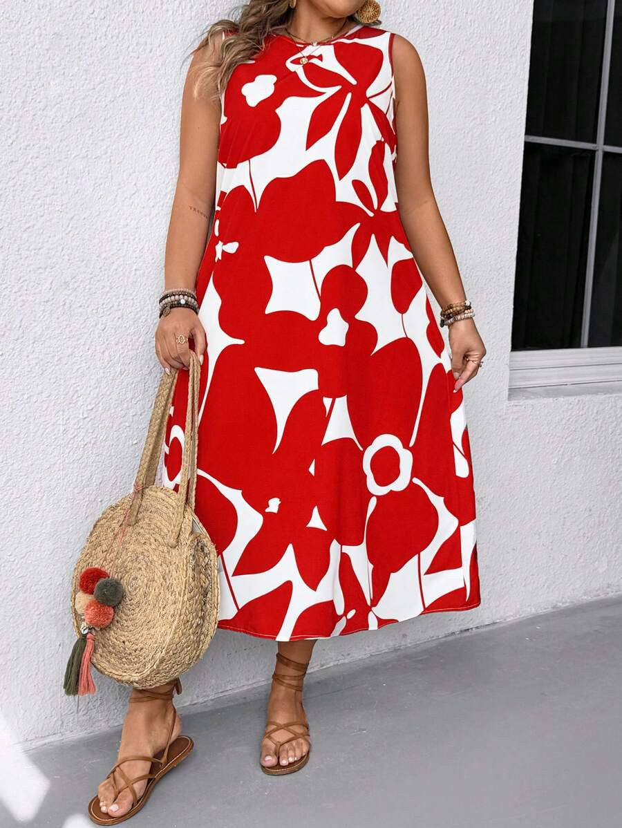 EMERY ROSE Plus Size Floral Print Crew Neck Casual Sleeveless Summer Dress | SHEIN