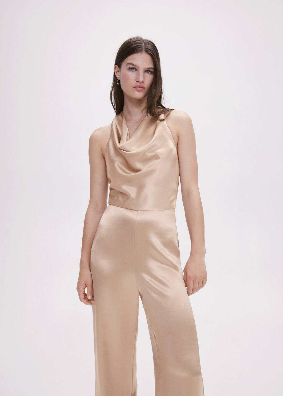 Satin jumpsuit with draped neckline | MANGO (UK)