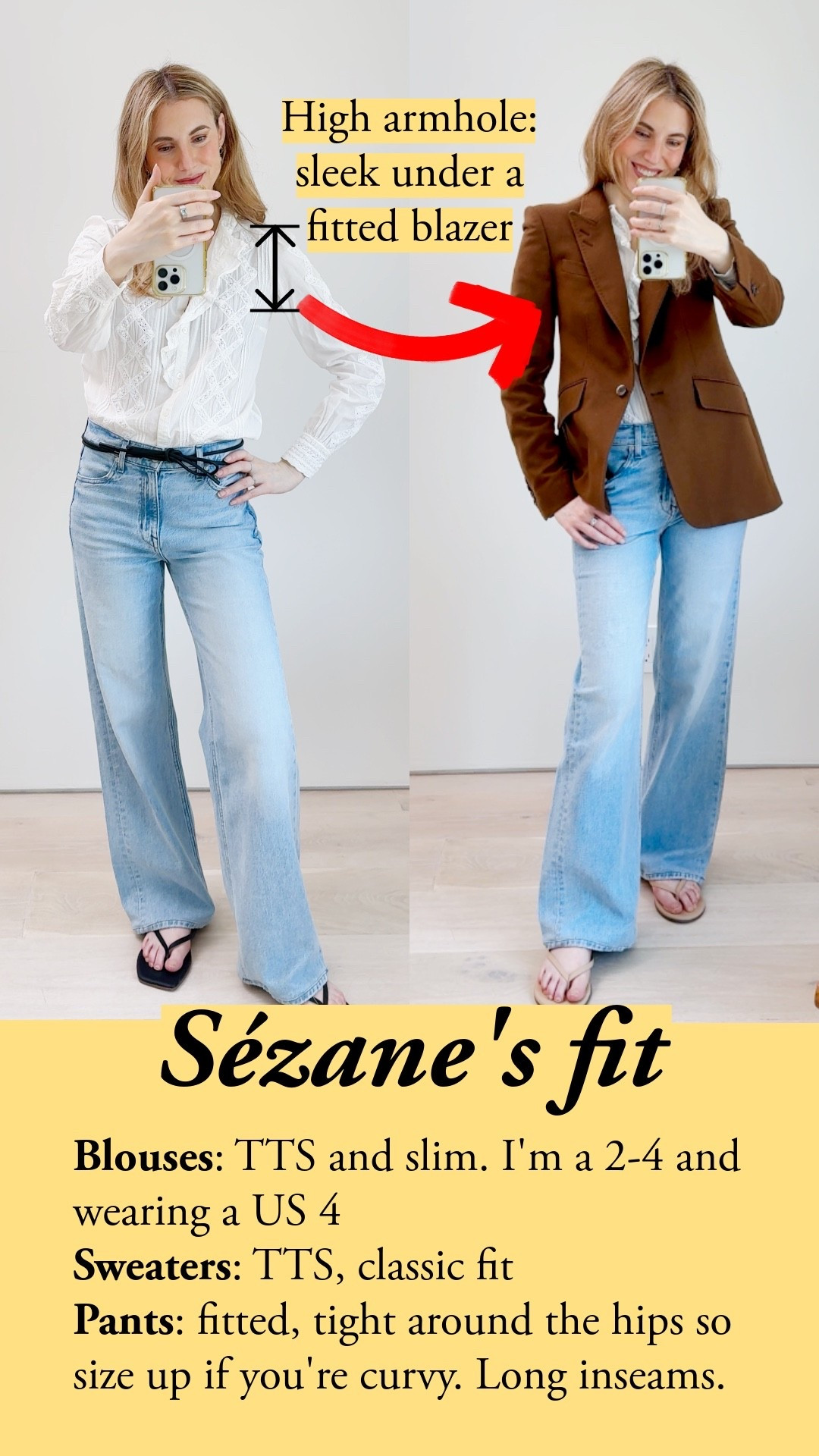 Sézane fits like a French brand: on the smaller side. I'm a size 2-4, and I go for 4 (Fr 36) at Sézane. Good news for taller women: their pants tend to have long inseams. The hips are tight on me, so I recommend sizing up on trousers or tailored skirts. The Clyde trench is oversized, so go for your usual size to have it look like the photos. The Scott trench is an A-line, so the shoulders are fitted, then it flares. Size up if you're going for a relaxed look; I love how my size fits me. I'm wearing a cashmere blazer from Gina Bespoke. My particular Chlo shirt is OOS, so I picked similar styles. My jeans are 26R, my usual size. I had them hemmed to fit flats. white wide leg flare jeans, high waisted white jeans, classic long trench coat, navy trench coat, cropped linen jacket, double breasted linen jacket, khaki jacket, dusty pink crewneck tee, fitted cotton tee, rolled leather belt, pointy kitten heels, spring outerwear, neutral spring outfit, Quince, Uniqlo, Amo denim, Mango, COS

#LTKootd