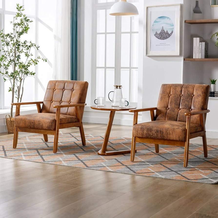 Accent Chair Set of 2, Mid-Century Modern Technical Fabric Armchair with Solid Wood Armrests, But... | Amazon (US)