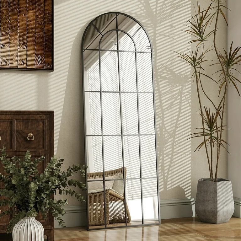 BEAUTYPEAK 23"x65" Arched Full-Length Windowpane Mirror Wall-Decor Mirror,Black - Walmart.com | Walmart (US)