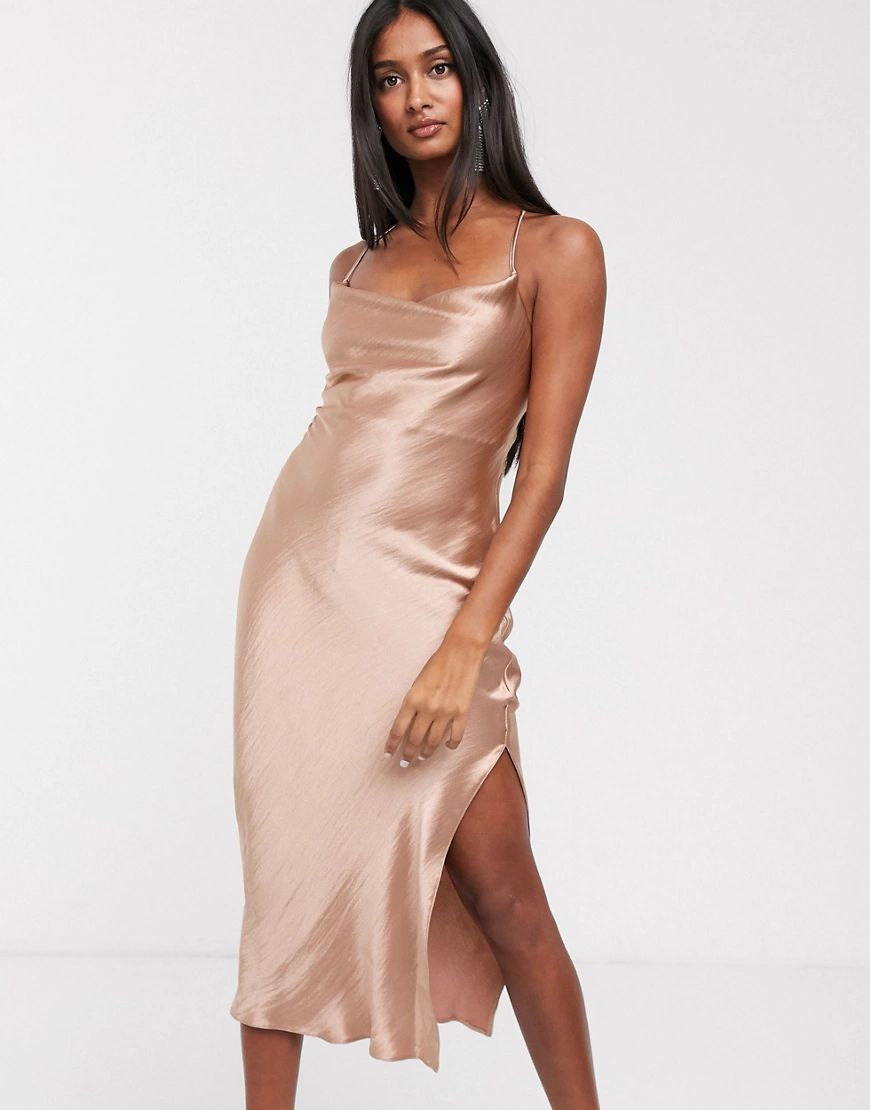 ASOS DESIGN cami midi slip dress in high shine satin with lace up back-Brown | ASOS (Global)