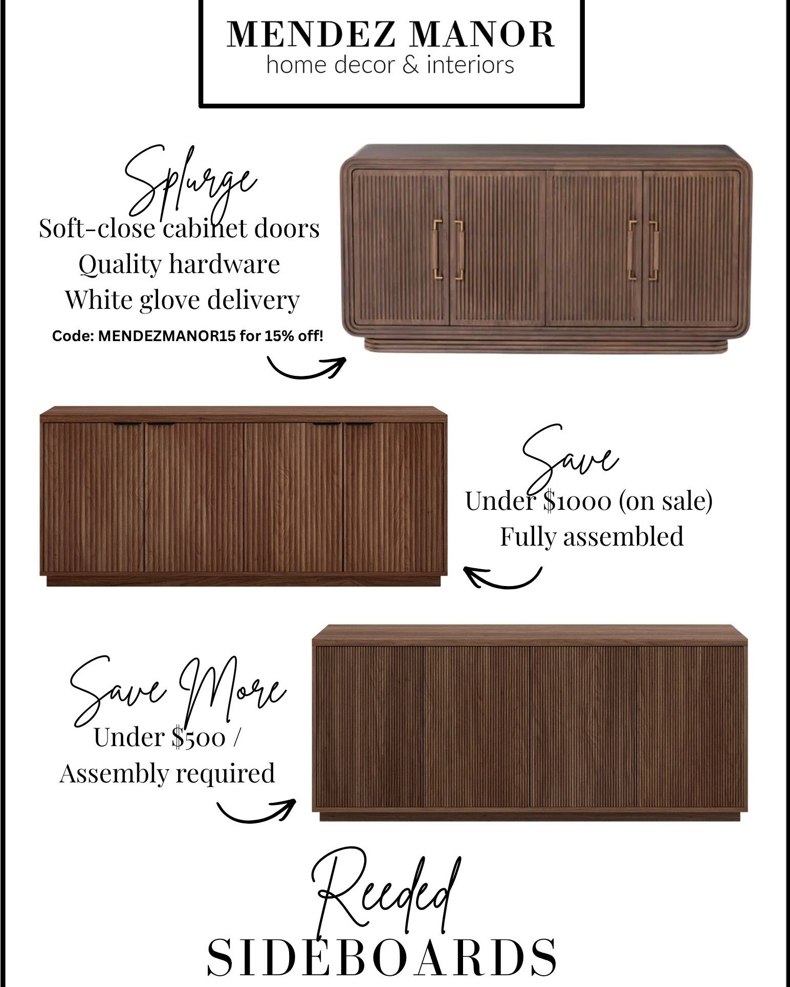 Splurge/Save: 
Reeded sideboards including the Stark Sideboard from Scout & Nimble. Use code: MENDEZMANOR15 for 15% off! 

-Brass bar carts (all winners) -Black curio cabinets with natural wood interior
-Classic modern canopy beds

#LTKSaleAlert #LTKHome