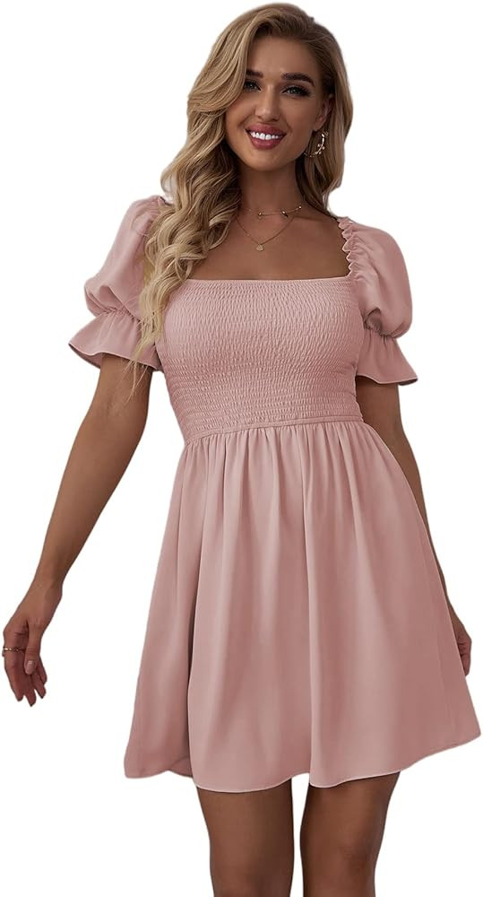 WDIRARA Women's Square Neck Flounce Short Sleeve Shirred Ruffle Hem Dress | Amazon (US)