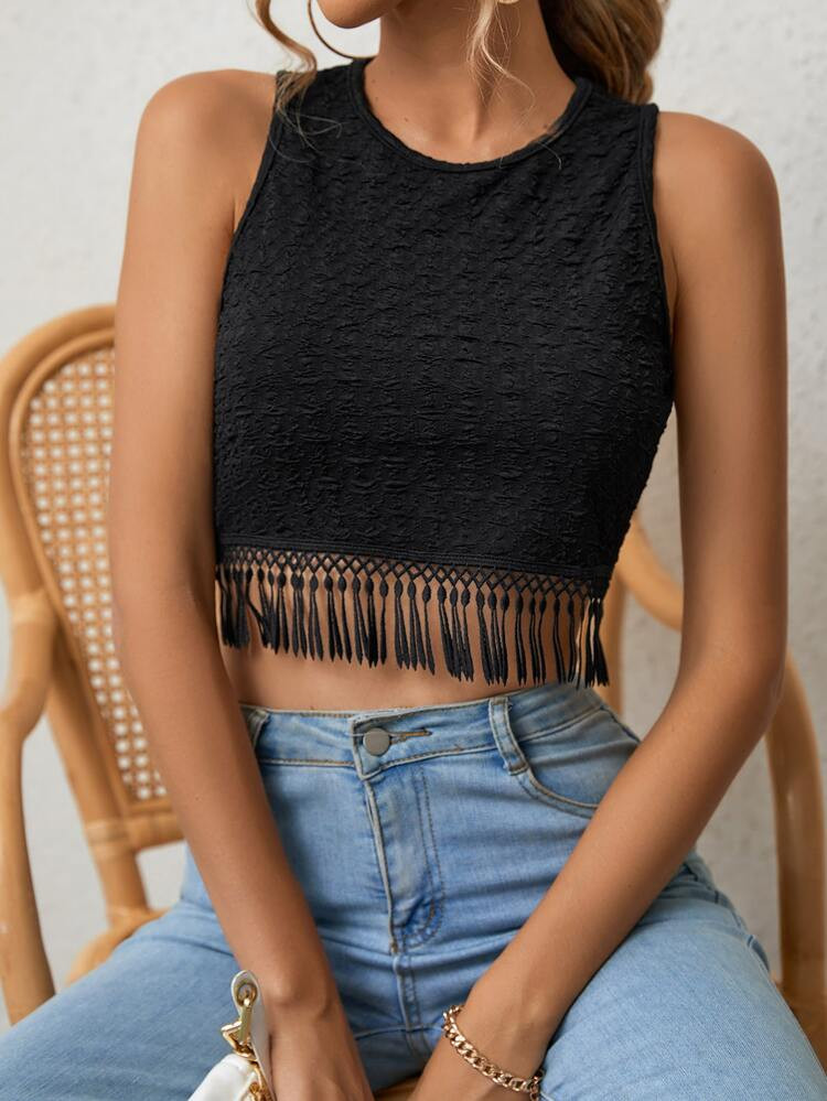 Solid Fringe Hem Crop Tank Top | SHEIN