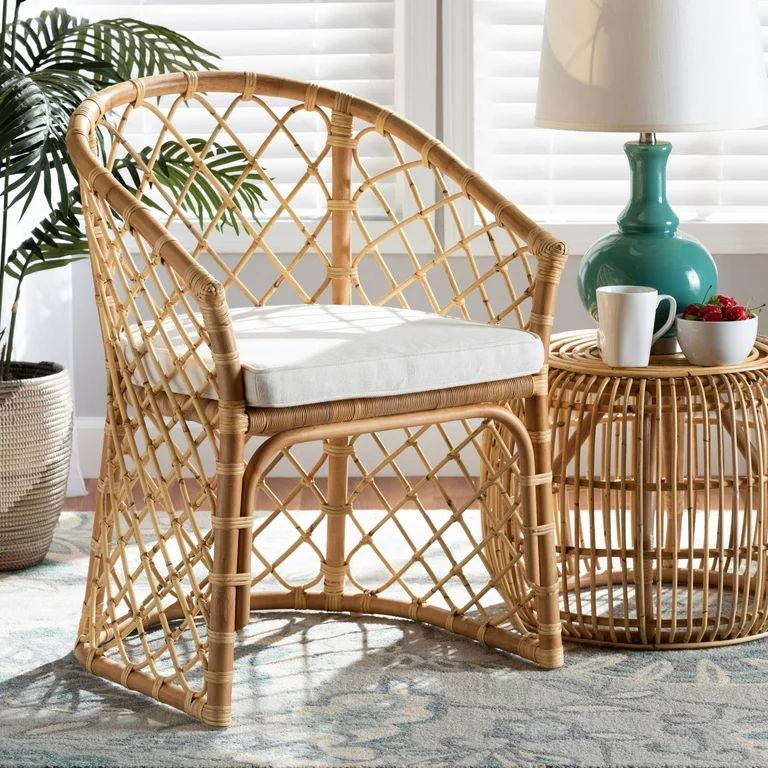 Baxton Studio Orchard Modern Bohemian White Fabric Upholstered and Natural Brown Rattan Dining Ch... | Walmart (US)