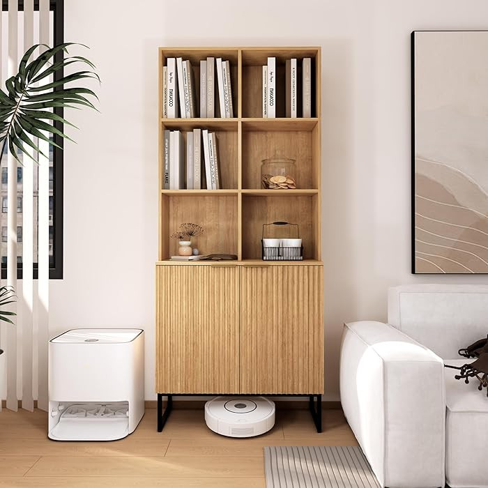 Bookcase with Cabinet,6 Cube Book Case with Adjustable Shelves,Fluted Bookshelf for Home Office,L... | Amazon (US)