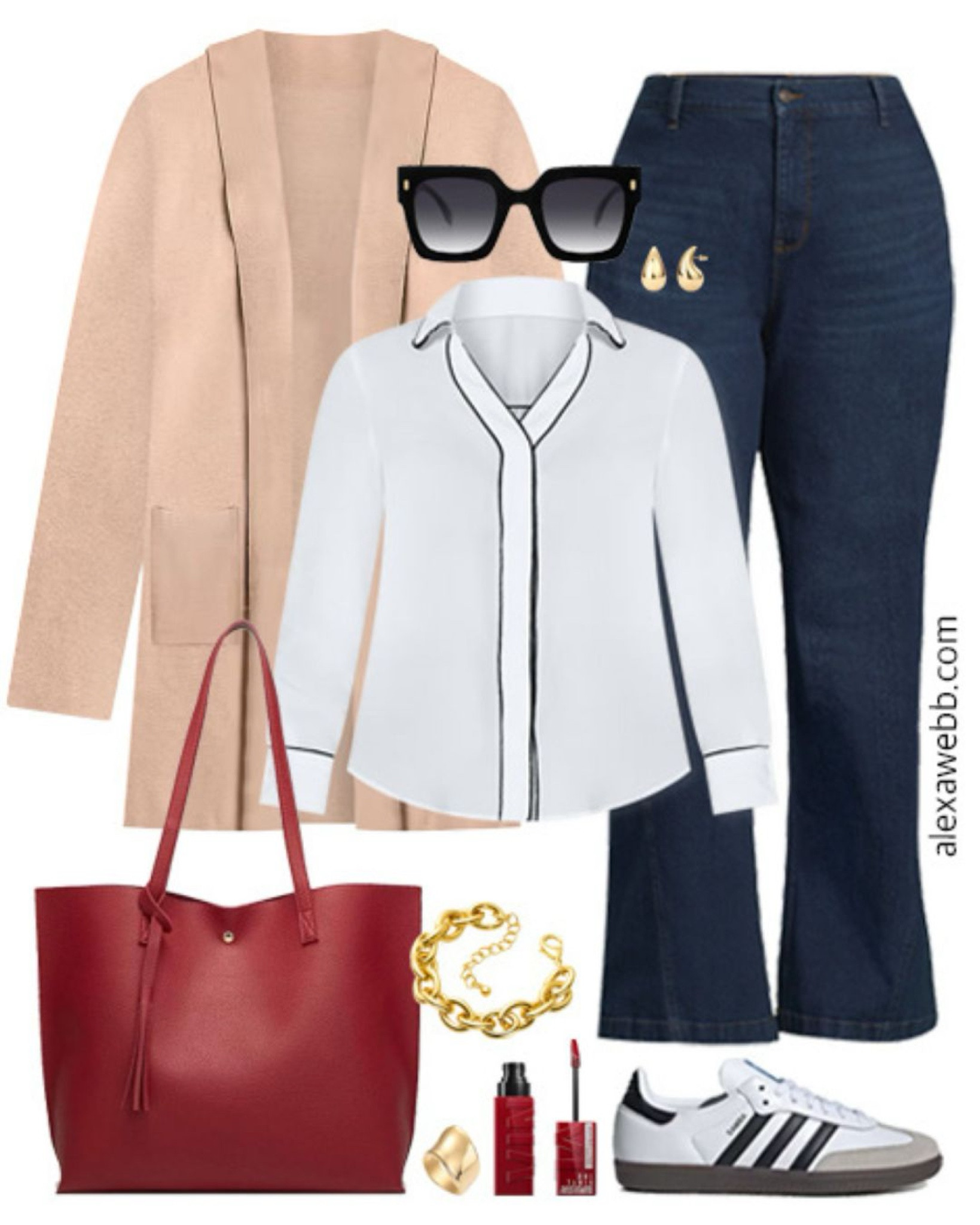 Plus Size Teacher Outfits 2024 - Part 1 - A plus size business casual outfit for teachers heading back to school this fall. A plus size camel cardigan, blouse, trouser jeans, sneakers, and a red tote bag. Alexa Webb

#LTKStyleTip #LTKPlusSize #LTKShoeCrush