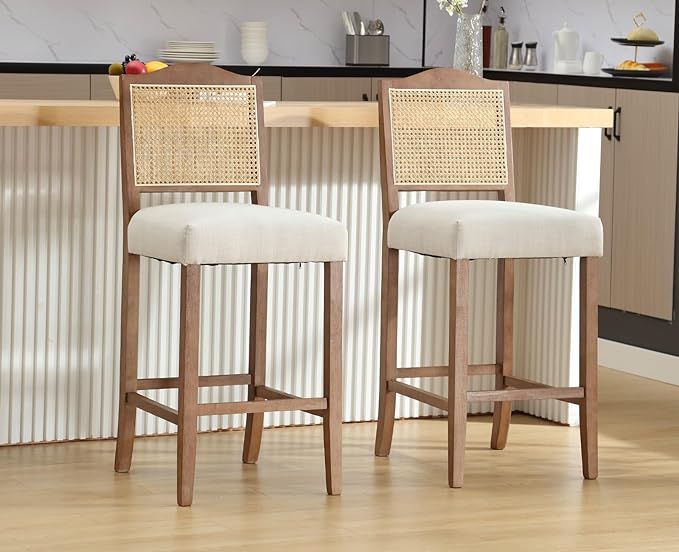 EALSON Counter Height Bar Stools Set of 2 Farmhouse Barstools with Rattan Back Linen Upholstered ... | Amazon (US)