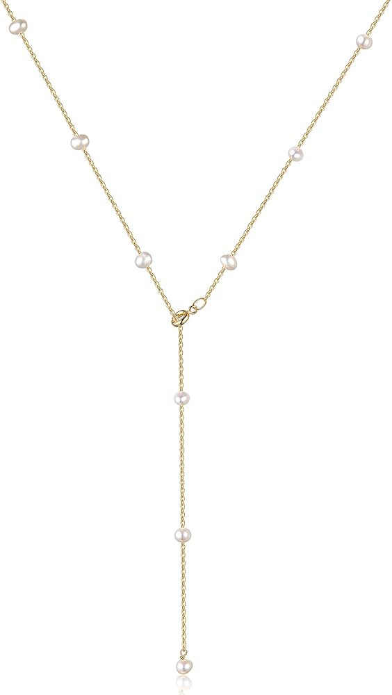 Cowlyn Gold Y Shaped Pearl Necklace Lariat Drop Cultured Baroque Pearls Choker Dainty Handmade Je... | Amazon (US)