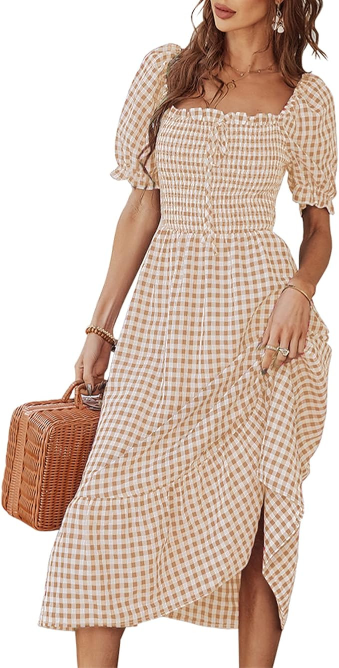 Beaufident Women's Boho Tie Back Dress Back Bow Summer Plaid Dress Elastic Square Neck Backless B... | Amazon (US)