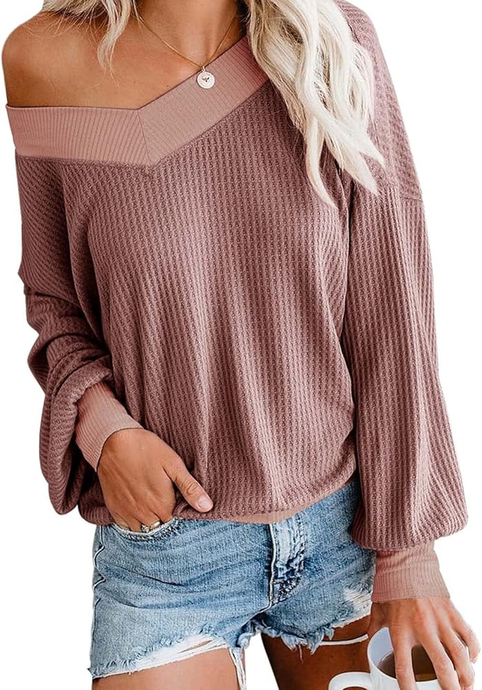 Adreamly Women's V Neck Long Sleeve Waffle Knit Top Off Shoulder Oversized Pullover Sweater | Amazon (US)