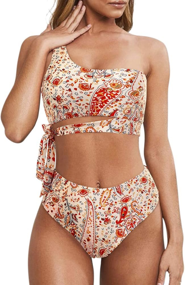MOOSLOVER Women One Shoulder High Waisted Bikini Tie High Cut Two Piece Swimsuits | Amazon (US)