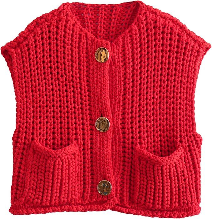 Wyeysyt Womens Sleeveless Crop Knit Cardigan Casual Button Down Cropped Knitted Sweater Vest with... | Amazon (US)