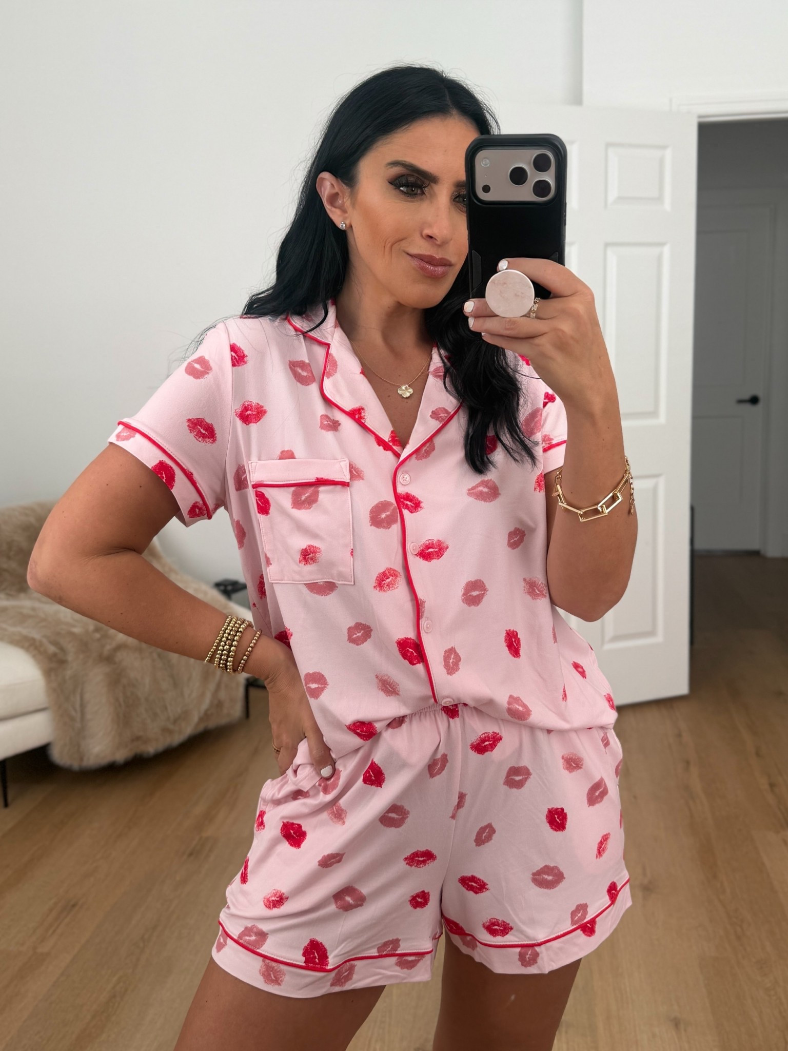 Joyspun Women's Dreamy Soft Collection Notch Top and Shorts Valentine's Day Pajama Set wearing size medium. 
