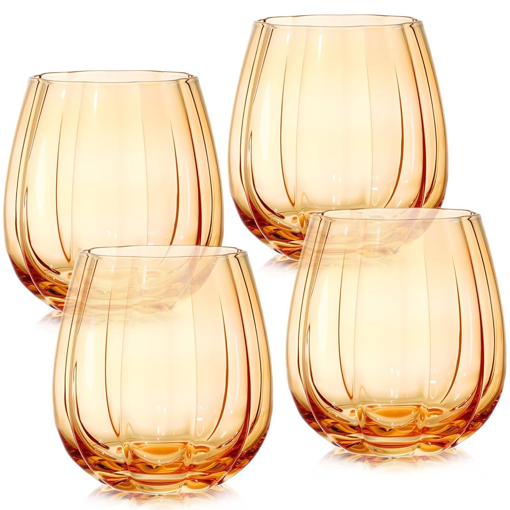 4 Pcs Fall Pumpkins Stemless Wine Glasses 17oz Wine Drinking Glass Cups Durable Vertical Ribbed T... | Amazon (US)