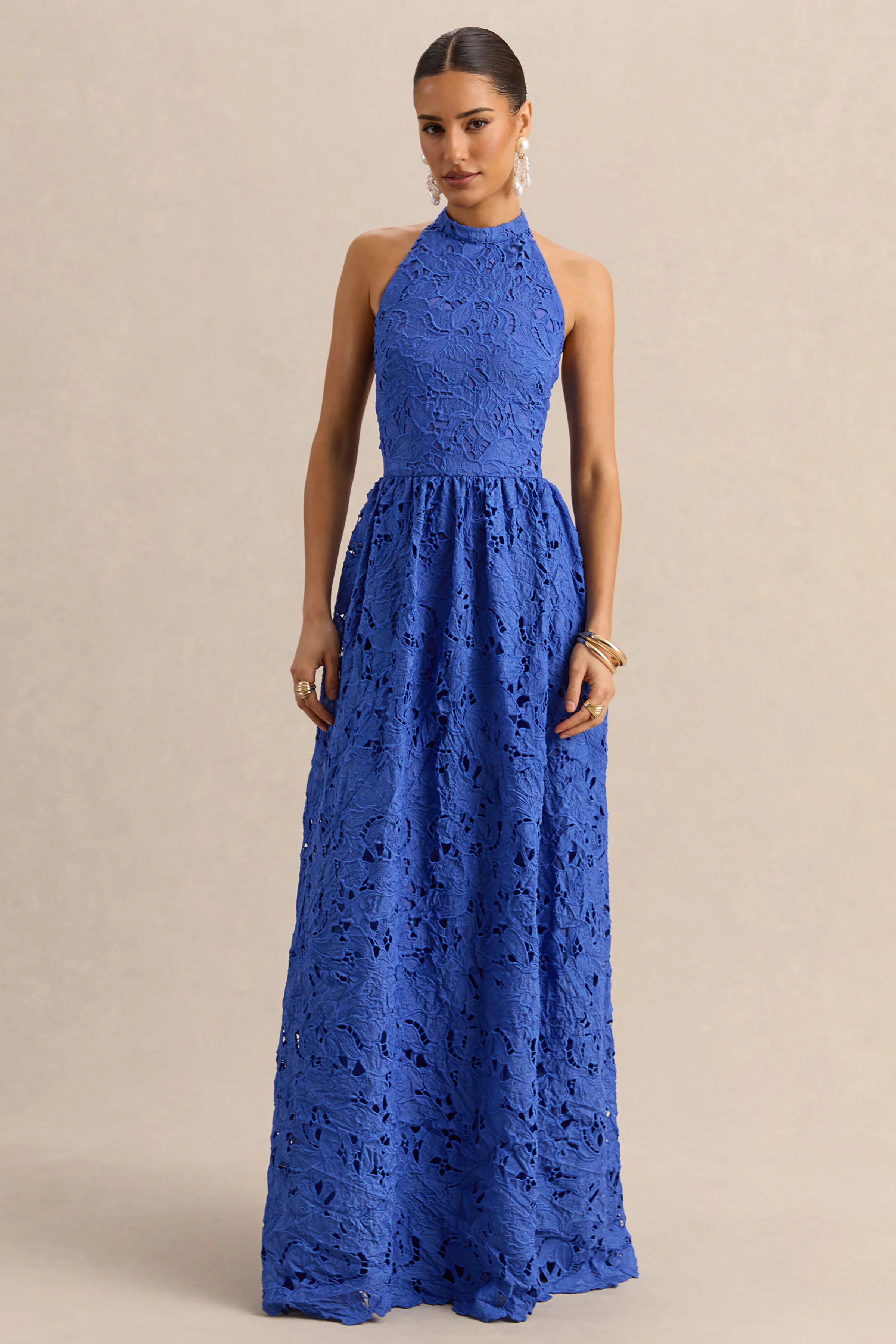 Indiana | Dark Blue Broderie Halter-Neck Maxi Dress | Club L London