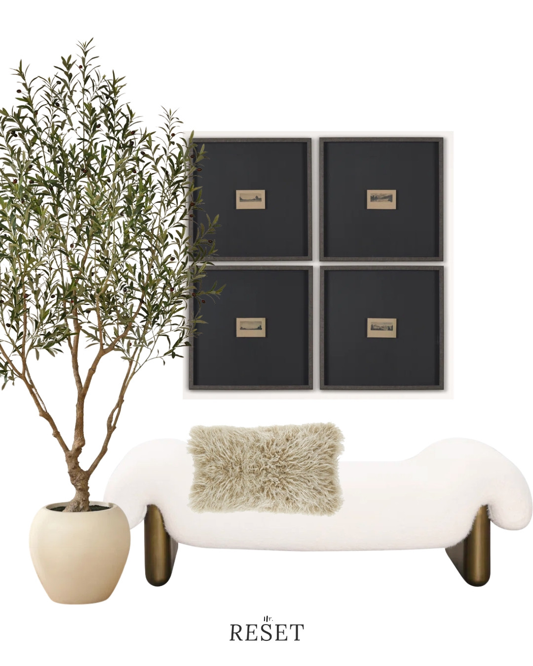 Neutral modern entryway seating with a high-end, sculptural look.
Featuring an upholstered bench, large potted olive tree, neutral ceramic planter, and framed black wall art.
Ideal inspiration for modern, warm modern, or contemporary entryways and living spaces. 

 #LTKSeasonal #LTKHome