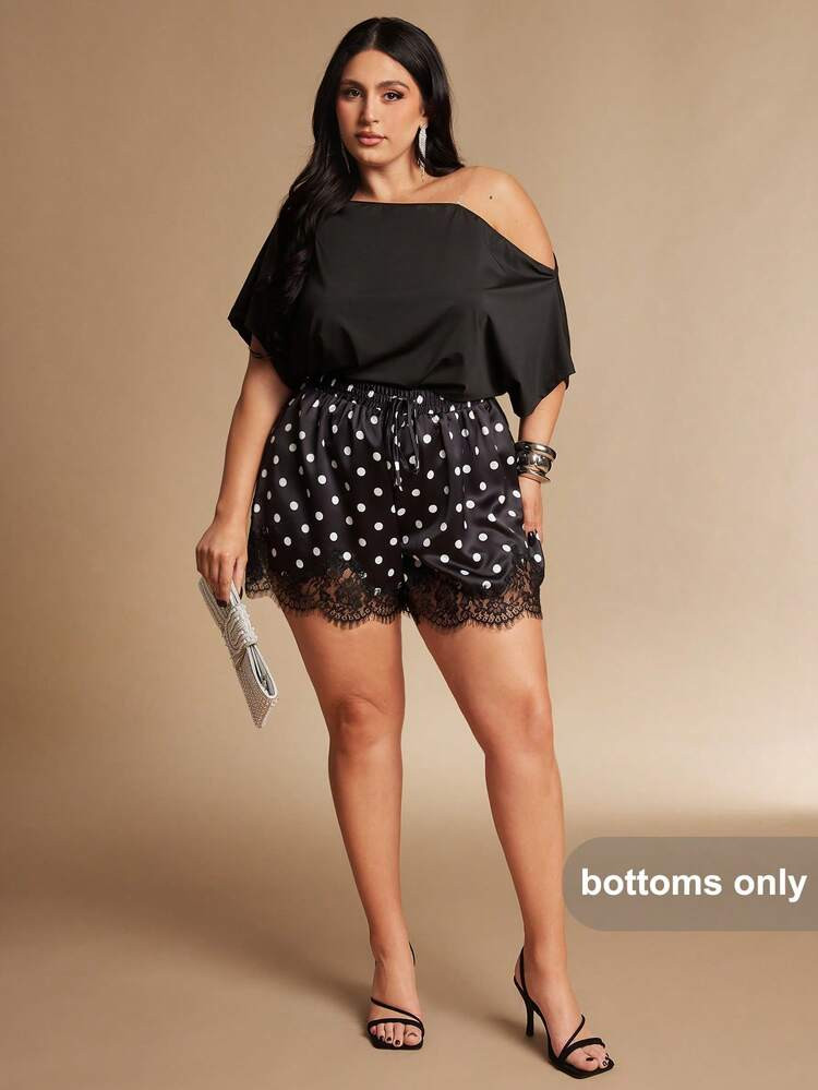 SHEIN BAE Plus Size Women Black Polka Dot Valentine's Day Shorts, Lace Patchwork Satin Dress,Commuting, Office, Mother's Day,Summer,Pants,Western Outfits For Women,Cowgirl Outfits For Women,Country Concert Outfit,Easter Dresses For Women,Shorts,Summer,Summer Clothes,Pants For Women,Summer Outfits For Women,Pants For Women,Trouser Pants For Women,Skirts For Women Plus Size,Plus Size Pants,Beach Pants,St Patrick's Day,Short,Polka Dot Shorts,Lace Patchwork | SHEIN