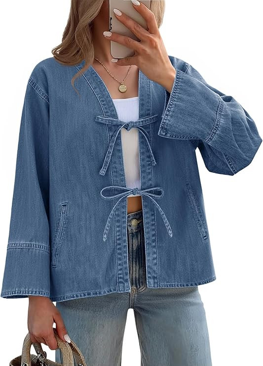 Tankaneo Womens Tie Front Denim Jacket Long Wide Sleeve Loose Fit Bow Jeans Coat Going Out Shacke... | Amazon (US)