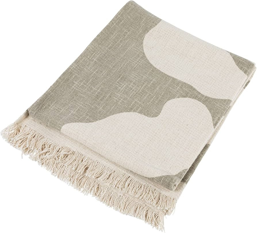 Bloomingville Cotton Slub Botanical Print and Fringe, Tan Blanket Throw | Amazon (US)
