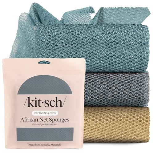 Kitsch African Net Sponge – Exfoliating Body Scrubber for Cleansing & Gentle Daily Exfoliation – Stretchable Bath Sponge for Hard-to-Reach Areas, Long-Lasting Shower Essential - Aqua Grey, 3 Pcs | Amazon (US)