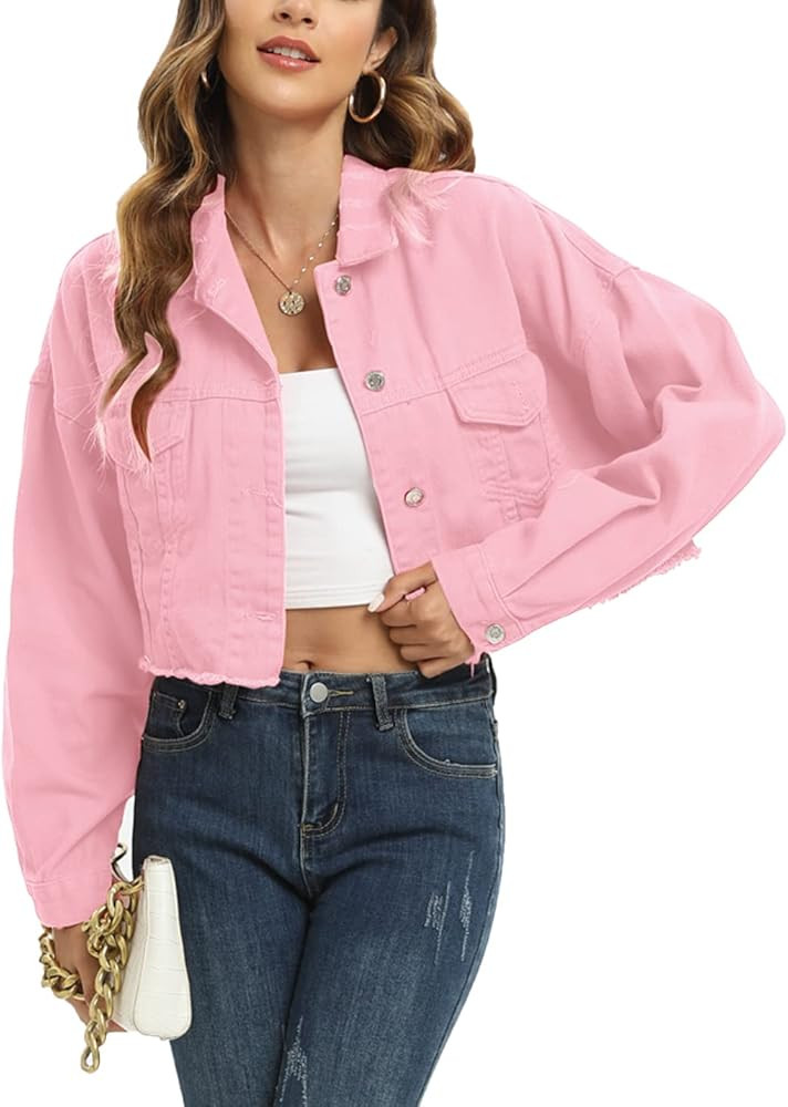Locachy Women's Cropped Ripped Distressed Denim Jacket Casual Button Down Loose Jeans Coat Fringe... | Amazon (US)