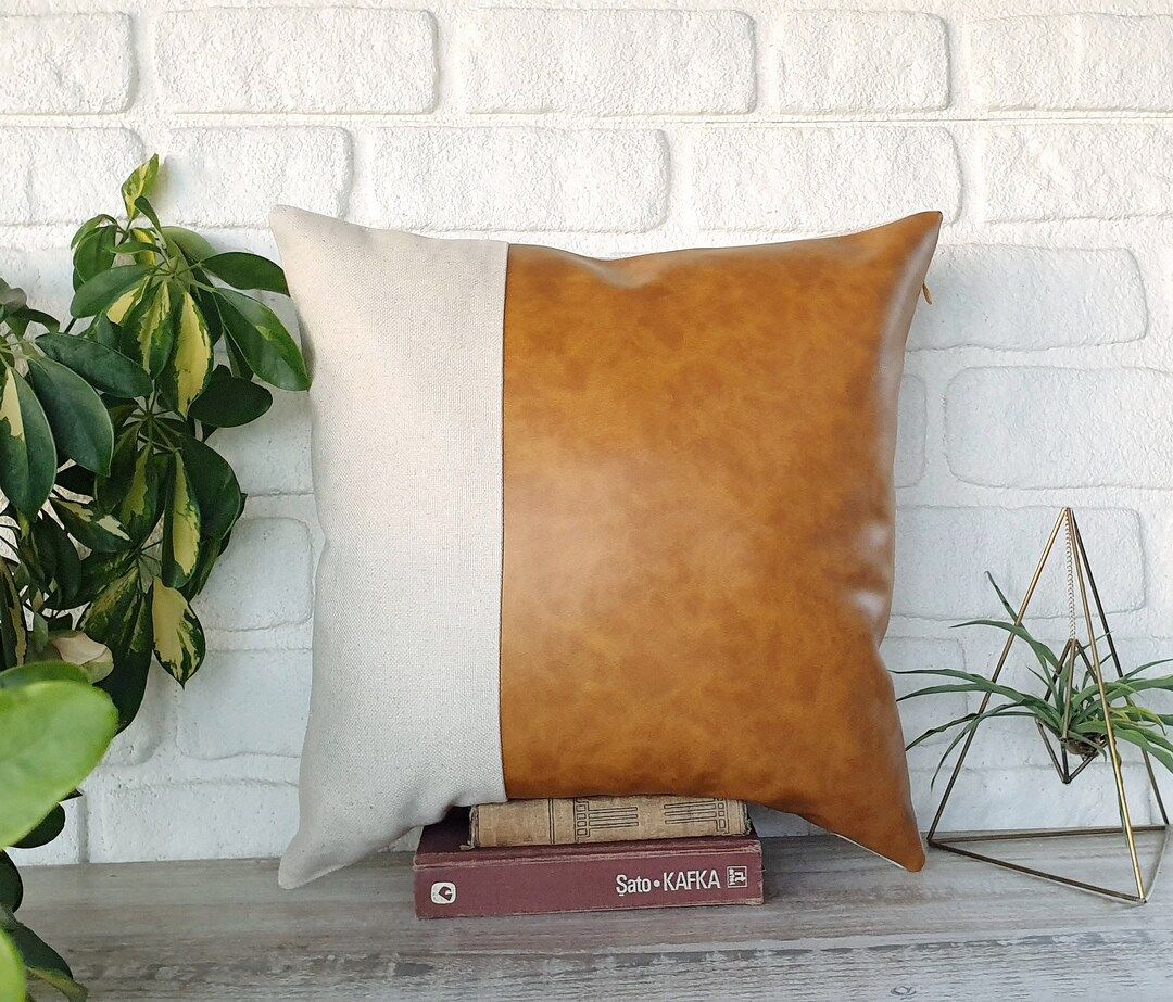 Oscar Camel Color Faux Leather and Natural Linen Pillow - Etsy | Etsy (US)