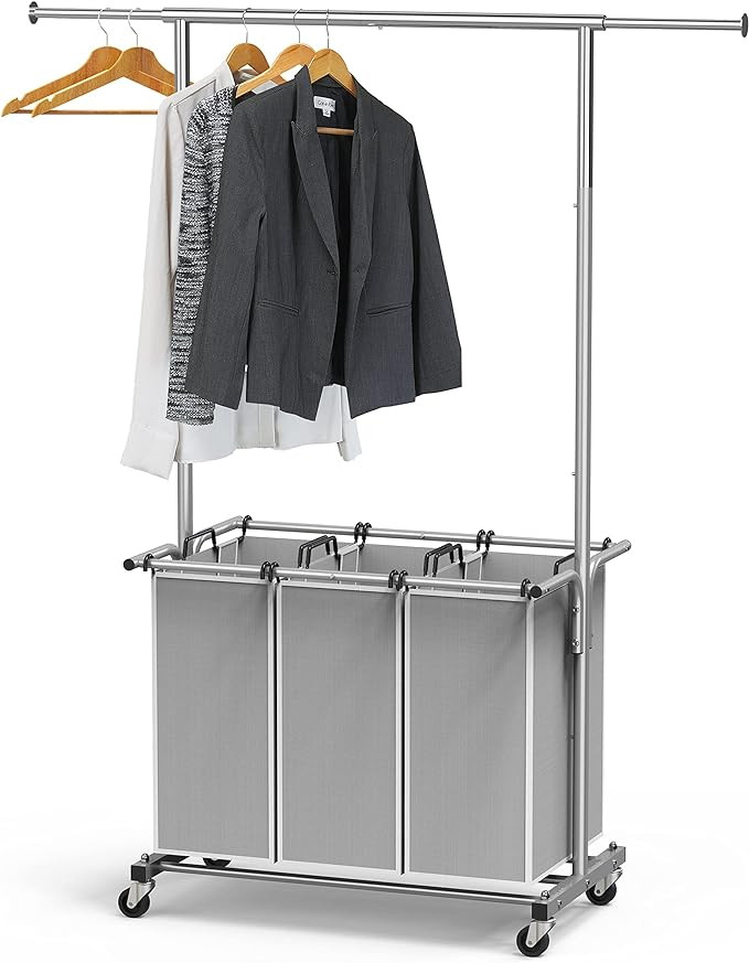 SimpleHouseware 3 Bag Laundry Sorter Rolling Cart w/Garment Rack Hanging Rod, Silver | Amazon (US)
