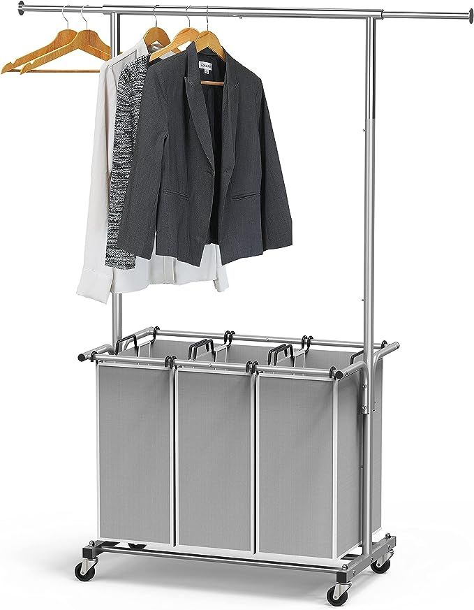 SimpleHouseware 3 Bag Laundry Sorter Rolling Cart w/Garment Rack Hanging Rod, Silver | Amazon (US)