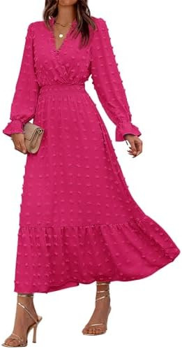 BTFBM Women Fall Maxi Dresses 2026 Swiss Dots Wedding Guest Dress | Casual Long Sleeve Dresses,V ... | Amazon (US)