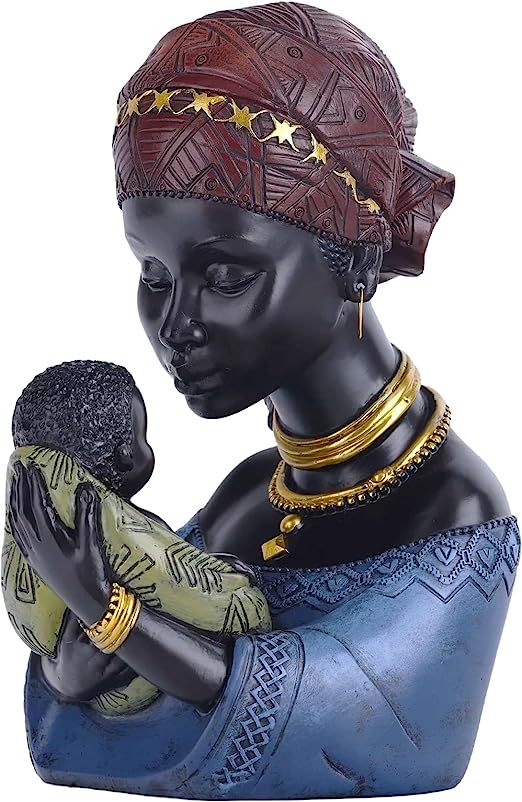 QIANLING Home Decor African Art Sculptures, African Decor African American Woman and Son Statue, ... | Amazon (US)