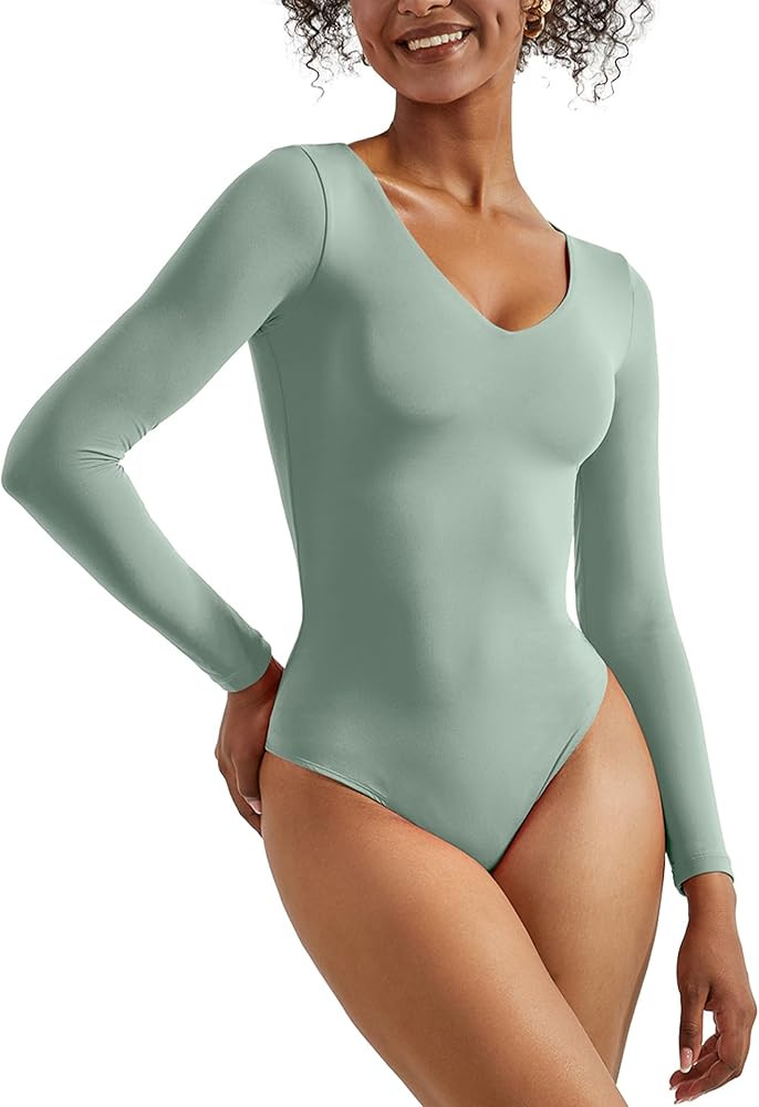 SUUKSESS Women V Neck Long Sleeve Bodysuit Sexy Thong Bodysuit Shirts | Amazon (US)