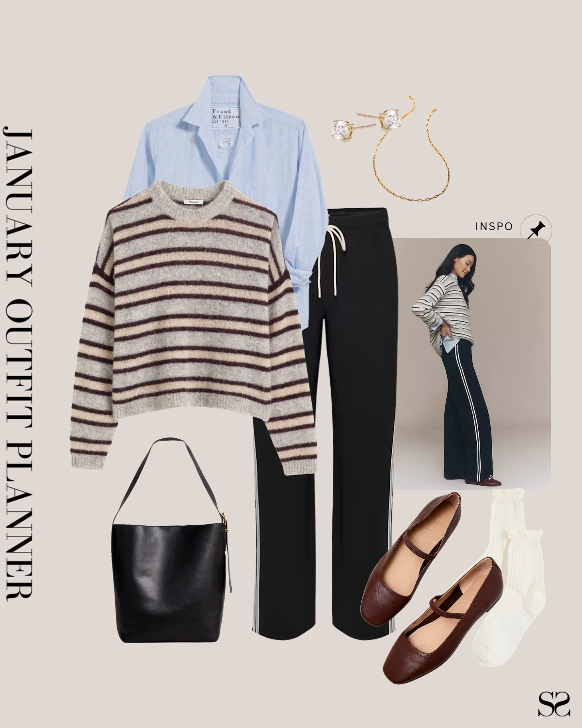 Monthly outfit planner JANUARY: Winter outfits | track pants, striped sweater, button up shirt, ballet flats, leather tote 

#classicstyle #LTKstyletip #winteroutfit #casualchic

Image inspo credit: Anthropologie 

#LTKootd #LTKgrwm