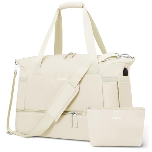 ETRONIK Gym Bag for Women, Personal Item Travel Bag with Shoes Compartment, Weekender Overnight Duffel Bag with Wet Pocket & USB Charging Port, Carry On Bag for Women, Travel, Gym, Weekend (Beige) | Amazon (US)