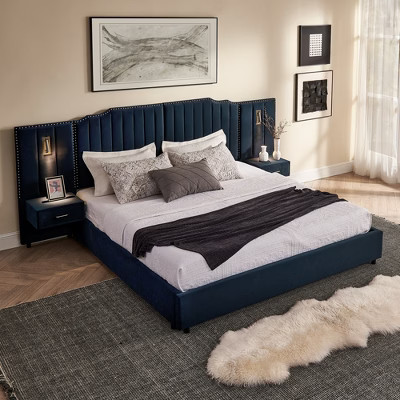 King Size Platform Bed Frame with Adjustable Lamps, Side Table & Upholstered Headboard, Velvet, Dark Blue - ModernLuxe | Target