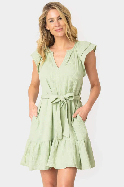 Seaside Flutter Sleeve Tiered Dress With Belt | Gibson