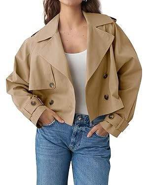 Tankaneo Womens Cropped Trench Coat Lapel Double Breasted Short Jacket Outwear with Pockets | Amazon (US)