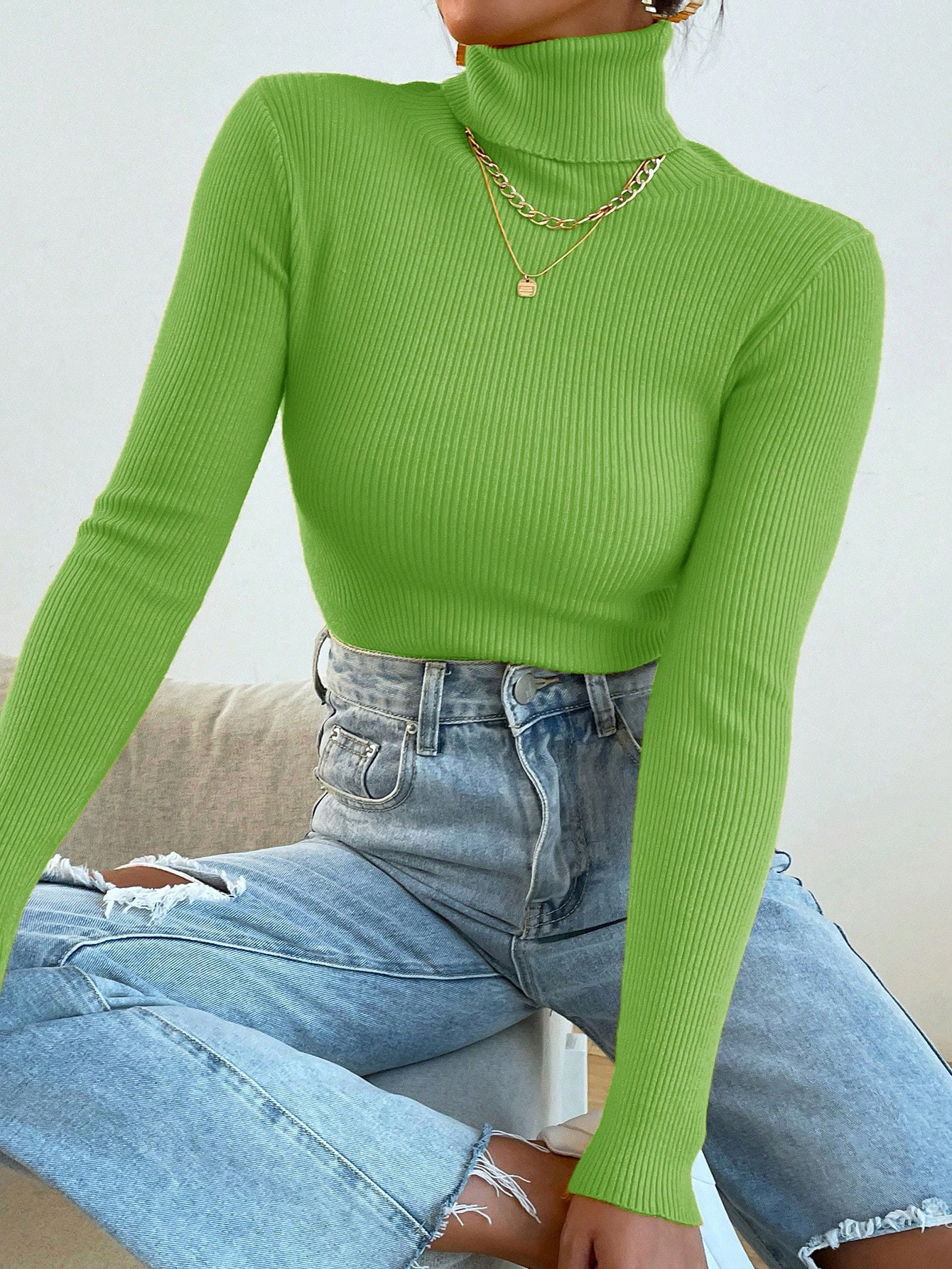 TrendsSHEIN Mulvari 1pc Women's Solid Color Turtleneck Long Sleeve Simple Casual Sweater | SHEIN