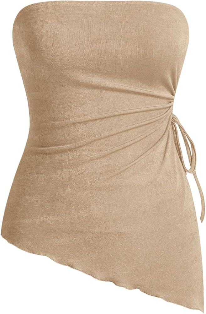 SOLY HUX Women's Asymmetrical Lettuce Trim Tube Tops Strapless Y2K Summer Bandeau Top | Amazon (US)