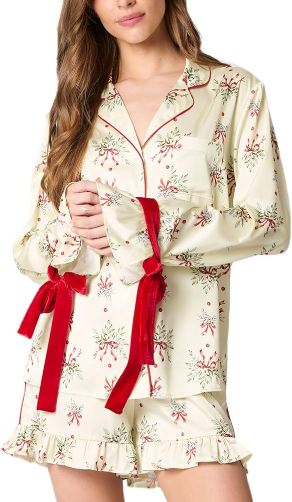 Women Christmas 2 Piece Pajamas Set Bow Tie Button Down Long Sleeve Shirts Ruffle Shorts Cute Pjs... | Amazon (US)